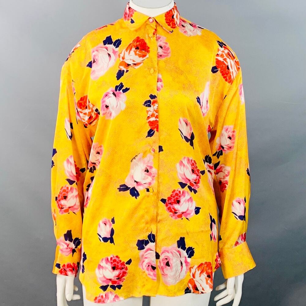 MSGM Size L Yellow Multi Color Satin Floral Button Up Shirt